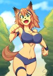 2016 accessory anthro big_breasts bra breasts canid canine canis cleavage clothed clothing domestic_dog fangs female green_eyes headband hi_res japanese_kobold looking_at_viewer mammal monster_girl_(genre) monster_musume navel polt_(monster_musume) running skecchiart solo sports_bra teeth underwear wristband