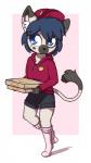 anthro blue_eyes blue_hair bottomwear clothed clothing delivery_(commerce) food food_delivery footwear fur hair hat headgear headwear holding_object hoodie legwear male pizza pizza_delivery shorts simple_background smile socks solo spots standing topwear aggie_(artist) domestic_cat felid feline felis mammal 2018 digital_media_(artwork) hi_res