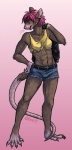 abs anthro belt biped bottomwear breasts brown_body brown_fur claws clothed clothing denim denim_clothing ear_piercing female fur hair jacket looking_at_viewer midriff muscular muscular_anthro muscular_female navel open_mouth piercing pink_background pink_hair red_eyes shirt shorts simple_background solo standing tail tank_top toe_claws tomboy topwear torn_clothing whiskers kittiara trace_raymes mammal murid murine rat rodent 2009