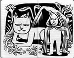 all_fours ambiguous_gender anthro biped cat_smile cave claws cloak cloak_only clothing duo feral grass holding_object holding_staff humanoid_face leaf lined_paper paws plant pupils quadruped rock size_difference slit_pupils staff jack_teagle black_and_white hi_res monochrome pen_(artwork) traditional_media_(artwork)