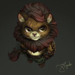 anthro bottomwear brown_body brown_ears brown_fur brown_hair brown_nose chibi clothed clothing eye_scar facial_scar fur glistening glistening_eyes gloves gradient_hair green_bottomwear green_clothing green_pants hair handwear high-angle_view inner_ear_fluff male mouth_closed multicolored_hair pants pink_inner_ear red_hair scar simple_background solo tail tail_tuft tan_body tan_fur tan_inner_ear_fluff topless tuft two_tone_hair whiskers yellow_eyes vesper_art 1:1 hi_res signature