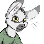 anthro cheek_tuft clothed clothing facial_tuft fur green_clothing green_topwear grey_body grey_ears grey_fur head_tuft inner_ear_fluff male mouth_closed simple_background solo topwear tuft white_background white_inner_ear_fluff yellow_eyes young young_anthro young_male bucklebunny lagomorph leporid mammal rabbit 1:1 bust_portrait portrait