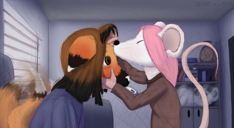 anthro bedding blanket blush brown_eyes clothed clothed_female clothing duo female fur hair highlights_(coloring) ill kiss_on_forehead kissing male male/female mouse_tail pink_hair red_body red_fur side_view tail tail_motion tailwag thermometer_in_mouth white_body white_fur stoneonamoss canid canine fox mammal mouse murid murine rodent absurd_res digital_media_(artwork) hi_res