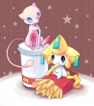 ambiguous_gender bendy_straw beverage chibi drinking_straw drinking_straw_in_mouth duo eating feral food fries micro on_beverage on_food pattern_background simple_background star star-shaped_background tail kuo mcdonald's nintendo pokemon generation_1_pokemon generation_3_pokemon humanoid jirachi legendary_pokemon mew_(pokemon) pokemon_(species)