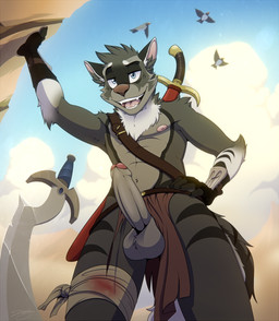 5_fingers anthro balls black_body black_fur blue_eyes bottomwear clothed clothing cloud day erection fingers foreskin fur genitals grey_body grey_fur humanoid_genitalia humanoid_penis ineffective_clothing ineffective_loincloth loincloth looking_at_viewer low-angle_view male melee_weapon nipples open_mouth outside penis sky smile solo standing sun sword teeth tongue toony weapon white_body white_fur granitemcgee joel_(simplydoge) canid canine canis mammal wolf 2017 digital_media_(artwork)