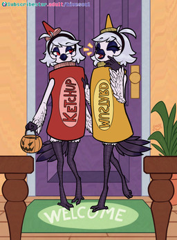 adolescent anthro avian_feet basket beak biped clothed clothing container costume duo eyebrows eyes_closed feathers female food hair halloween_costume hat headgear headwear holding_basket holding_container holding_object holidays ketchup looking_at_another open_mouth red_eyes short_hair standing tail tail_feathers text tongue white_body white_hair young young_anthro young_female soulcentinel halloween rubi_hivally ruby_hivally avian bird corvid corvus_(genus) crow oscine passerine 2025 english_text hi_res sibling_(lore) sister_(lore) sisters_(lore)