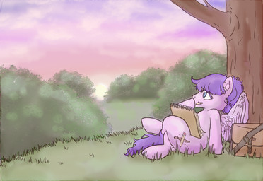 cutie_mark day detailed_background feathered_wings feathers female feral outside plant sitting sky solo sunset thinking thoughtful_expression tree wings lavilovi hasbro my_little_pony mythology fan_character equid equine mammal mythological_creature mythological_equine pegasus digital_media_(artwork) hi_res