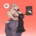 2_horns 5_fingers anthro apron big_breasts big_butt black_apron black_clothing black_eyebrows blue_bottomwear blue_clothing blue_jeans blue_pants bottomwear breasts brown_eyes butt clothed clothed_anthro clothed_female clothing cutaway denim denim_bottomwear denim_clothing eyebrows eyelashes female female_anthro fingers flesh_fang floppy_ears fur furgonomic_bottomwear furgonomics hand_on_hip hand_on_own_hip heart_symbol horn humanoid_hands jeans looking_back mature_anthro mature_female open_mouth pants pastry_bag pink_background pink_nose pockets red_tongue short_horn short_tail side_view simple_background slightly_chubby slightly_chubby_anthro slightly_chubby_female small_horn snout solo speech_bubble suggestive tail text text_on_apron text_on_clothing thick_thighs tongue white_body white_ears white_fur white_horn white_tail white_text currentlytr_ash undertale_(series) toriel boss_monster_(undertale) bovid caprine mammal 2025 absurd_res english_text hi_res