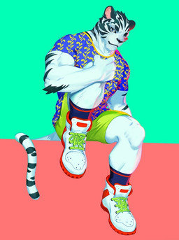anthro black_stripes clothing footwear green_background looking_at_viewer male muscular muscular_anthro muscular_male pink_background shoes simple_background sneakers solo stripes white_body white_skin moodraw felid mammal pantherine tiger source_request
