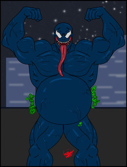 belly big_belly black_border bloated border flexing flexing_bicep long_tongue male male_pred musclegut muscular muscular_male rumbling_stomach sharp_teeth teeth tongue tongue_out vein veiny_belly veiny_muscles vore barkkthel marvel venom_(marvel) alien humanoid symbiote hi_res