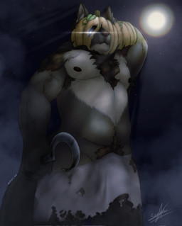 anthro black_body black_fur bodily_fluids food for_a_head fruit full_moon fur genital_fluids genitals grey_body grey_fur male moon nipples penis plant precum pubes pumpkin pumpkin_head solo ankor_ba badi_nkor object_head hi_res