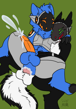 anal anal_orgasm anal_penetration anthro bodily_fluids cum cum_drip cum_in_ass cum_inside dripping ejaculation genital_fluids hands-free machine male male/male orgasm penetration sex harikuran kinktober hybrid protogen sergal absurd_res hi_res