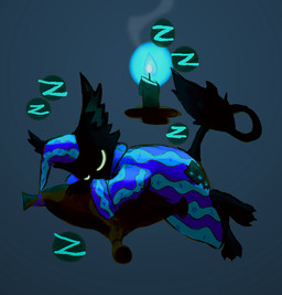 ambiguous_gender anthro black_body black_fur candle clothing feet floating fur hat headgear headwear pajamas pillow sleeping solo tail tail_tuft tuft raskul deadlock valve rem_(deadlock) avian