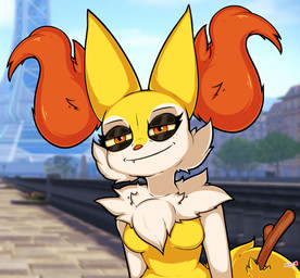 anthro arm_tuft biped black_eyeshadow breasts cheek_tuft chest_tuft closed_smile cute_fangs eyelashes eyeshadow facial_tuft fangs featureless_breasts female female_anthro freckles front_view fur inner_ear_fluff looking_at_viewer makeup medium_breasts mouth_closed multicolored_body multicolored_fur narrowed_eyes nude nude_anthro nude_female object_in_tail orange_body orange_eyes orange_fur orange_inner_ear_fluff orange_nose pointy_ears prick_ears screencap screencap_background shoulder_tuft smile solo standing stick stick_in_tail tail teeth thick_eyelashes tuft white_body white_fur yellow_body yellow_fur yellow_sclera yellow_tail mahoxy nintendo pokemon braixen canid generation_6_pokemon mammal pokemon_(species) 2026 cel_shading colored digital_drawing_(artwork) digital_media_(artwork) english_description half-length_portrait hi_res portrait shaded signature