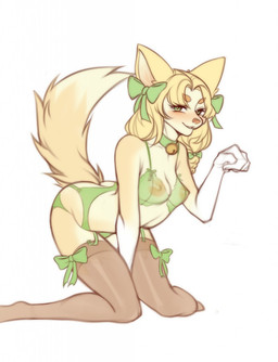 accessory anthro areola bell bell_collar blonde_hair bow_ribbon bra breasts clothing collar dipstick_tail female fur garter_belt garter_straps green_bow green_bra green_clothing green_collar green_eyes green_panties green_underwear hair hair_accessory hair_bow hair_ribbon kneeling legwear long_hair looking_at_viewer markings medium_breasts nipples panties pink_areola pink_nipples pose ribbons simple_background smile solo stockings tail tail_markings tan_body tan_fur underwear white_background yellow_body yellow_fur batya canid canine fox mammal 2020 colored_sketch flat_colors hi_res sketch