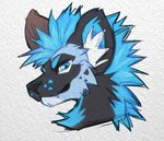 anthro blue_body blue_eyes blue_fur blue_hair cheek_tuft facial_tuft fangs fur glistening glistening_eyes grey_body grey_ears grey_fur hair inner_ear_fluff looking_at_viewer male mouth_closed pupils simple_background slit_pupils solo teeth tuft white_inner_ear_fluff famir radar_(thetwfz) canid mammal headshot_portrait portrait