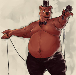 abstract_background anthro armpit_hair belly belly_hair big_belly biped black_bottomwear black_clothing black_pants body_hair bottomwear bow_tie brown_body brown_fur chest_hair clothing electronics featureless_chest front_view fur grey_background hat headgear headwear male microphone moobs overweight pants simple_background solo standing top_hat nauthynomus five_nights_at_freddy's scottgames freddy_(fnaf) bear mammal 2026 hi_res
