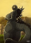 anthro big_breasts big_butt breasts butt city crossgender day detailed_background female looking_down mtf_crossgender nude outside rear_view solo standing overlord_gabriel godzilla_(series) godzilla_minus_one toho godzilla kaiju monster reptile scalie 2023 hi_res signature