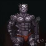 abs anthro asian_clothing athletic biceps biped black_background clothed clothing east_asian_clothing fundoshi fur grey_body grey_fur grey_nose hair japanese_clothing male melanistic muscular muscular_anthro nipples pecs simple_background solo standing topless underwear ainro felid mammal pantherine tiger 1:1