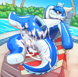 anthro beach_towel biped blue_body blue_tail bodily_fluids brown_eyes bulge butt cum cum_everywhere cum_inside cum_on_butt cum_on_leg cum_on_tail detailed_background genital_fluids glistening glistening_body half-closed_eyes handle handle_bar horn inflatable latex male messy narrowed_eyes painted-on_face painted-on_mouth palm_tree plant pool_toy pool_toy_handle presenting presenting_hindquarters swimming_pool tail toony towel tree sexotheque lost_(longlost) animate_inanimate kobold living_inflatable scalie 2026 absurd_res digital_media_(artwork) hi_res