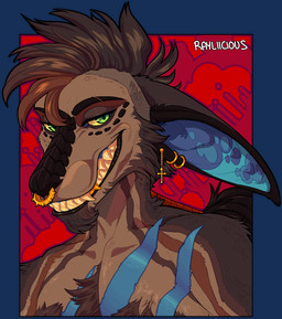 abstract_background anthro big_ears blue_inner_ear brown_body brown_fur brown_hair cheek_tuft chest_tuft chin_tuft cross cross_ear_piercing cross_piercing ear_piercing ear_ring ears_back facial_piercing facial_tuft fur glistening glistening_eyes green_eyes grin hair looking_at_viewer male nose_piercing nose_ring nude orange_teeth piercing pivoted_ears ring_piercing septum_piercing septum_ring smile solo tan_teeth teeth tuft yellow_sclera rayliicious vernid bust_portrait hi_res portrait signature