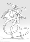 alternate_species anthro bottomwear clothed clothing crop_top female fully_clothed hair horn membrane_(anatomy) membranous_wings shirt shorts solo tail topwear torn_clothing wings conditional_dnp jollyjack mythology sequential_art kat_vance dragon mythological_creature mythological_scalie scalie 2023 monochrome