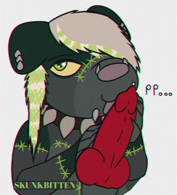 :3 ambiguous_gender animal_genitalia animal_penis anthro bodily_fluids canine_genitalia canine_penis claws collar coontail_hair countershade_fur countershading duo erection eyebrows facial_piercing fellatio fur genital_fluids genitals green_eyes hair knot knotted_penis licking looking_at_viewer male multicolored_hair oral penile penis piercing precum sex sheath solo_focus sparklefur stitch_(sewing) text tongue skunkbitten grudge_(skunkbitez) canid canine canis domestic_dog hybrid mammal mephitid skunk absurd_res english_text hi_res watermark