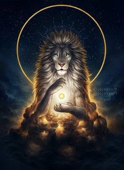 blue_eyes claws cloud detailed_background feral fur hair halo looking_at_viewer male mane nature night orb outside sky solo star starry_sky sun traditional_halo white_body white_fur white_hair jojoesart felid lion mammal pantherine portrait