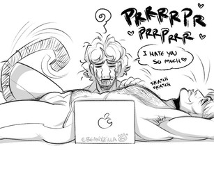 alternate_species armpit_hair beard bodily_fluids body_hair bottomwear bulge canon_couple chest_hair clothed clothing computer crying dialogue duo electronics facial_hair hair happy_trail heart_symbol humanoidized laptop lying male male/male on_back pants petting purring smile speech_bubble tail tail_motion tears topless topless_male whiskers zillabean hannibal_(series) hannibal_lecter will_graham animal_humanoid felid felid_humanoid human humanoid mammal mammal_humanoid pantherine pantherine_humanoid tiger_humanoid 6:5 monochrome sketch