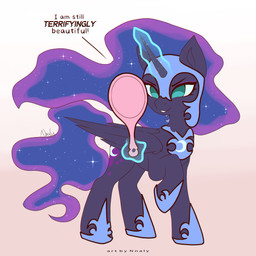 1_horn blue_eyes blue_hair blue_sclera blue_tail crescent_moon_(marking) cutie_mark dialogue eyelashes eyeshadow feathered_wings feathers female female_feral feral glowing glowing_horn gradient_background hair hand_mirror highlights_(coloring) hooves horn levitation looking_at_mirror looking_at_object magic makeup markings mirror moon_(marking) open_mouth open_smile pink_background purple_body purple_eyeshadow purple_highlights purple_hooves purple_horn purple_wings quadruped side_view simple_background smile solo sparkles sparkling_hair tail teeth text wings nnalyart friendship_is_magic hasbro my_little_pony mythology nightmare_moon_(mlp) equid equine mammal mythological_creature mythological_equine winged_unicorn 1:1 absurd_res digital_drawing_(artwork) digital_media_(artwork) english_text flat_colors hi_res paintstorm_(artwork)