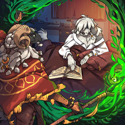 5_fingers anthro bed bedroom book clothing duo fingers fur furniture horn humanoid_hands magic male poncho smile white_body white_fur white_wool wool_(fur) zummeng beast_world bovid canid canine canis caprine domestic_dog mammal sheep 1:1 2026 hi_res