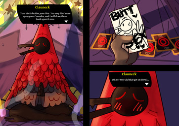 anthro blush bottomless card carpet clothed clothing dialogue male outside robe sitting tarot tarot_card tent text drstrangeluvve cult_of_the_lamb massive_monster_(studio) clauneck_(cult_of_the_lamb) anatid anseriform avian bird duck english_text hi_res