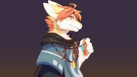anthro blue_clothing blue_topwear clothed clothing fangs fur gradient_background hair looking_at_viewer male male_anthro multicolored_eyes orange_eyes orange_hair orange_pawpads pawpads pupils short_hair simple_background solo teeth topwear two_tone_eyes white_body white_fur white_pupils yellow_body yellow_eyes yellow_fur young young_anthro young_male kuttoyaki mythology kutto dragon furred_dragon furred_scalie mythological_creature mythological_scalie scalie 16:9 hi_res widescreen