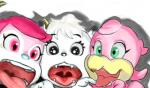 anthro beak black_eyes blue_nose eyelashes fangs feathers female fur green_eyes group hair mascot open_mouth pink_body pink_eyes pink_feathers pink_fur pink_hair soul_devouring_eyes suggestive teeth tongue tongue_out white_body white_fur kaze_fukeba_nanashi nippon_professional_baseball orix_buffaloes saitama_seibu_lions tohoku_rakuten_golden_eagles buffalo_bell clutchyna lina_(saitama_seibu_lions) felid lion mammal pantherine