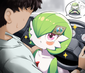 :o accessory black_hair blurred_foreground blush bodily_fluids clock clothing cockpit collared_shirt dress_shirt driving duo female female_humanoid gardevoirite green_arms green_hair green_pseudo_hair hair hair_accessory humanoid_focus inside_vehicle looking_at_another male male/female male_human mega_stone meter on_lap open_mouth pictoral_speech_bubble pleading_eyes pseudo_hair shirt short_hair sitting_on_lap sparkles steering_wheel sweat topwear vehicle watch white_body white_face wide_eyed wristwatch katobii nintendo pokemon poketoon tomorrow_with_gardevoir yugo's_gardevoir yugo_(pokemon) gardevoir generation_3_pokemon human humanoid mammal pokemon_(species) 2025 absurd_res digital_media_(artwork) hi_res pictographics shaded