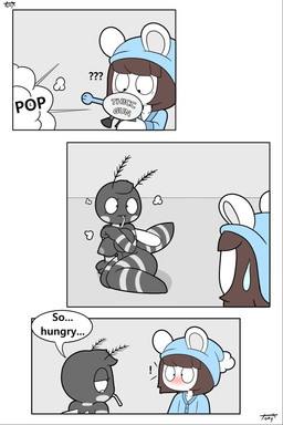 antennae_(anatomy) anthro blue_clothing blue_pajamas blush bodily_fluids breasts brown_hair clothing dialogue duo exclamation_point female hair insect_wings male nipples nude nude_anthro nude_female pajamas ranged_weapon raygun speech_bubble sweat tears text transformation weapon wings tonytoran tony_(tonytoran) arthropod chinchilla chinchillid fly_(animal) insect mammal mosquito rodent 2:3 comic hi_res