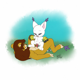 animal_genitalia animal_penis anthro blush bodily_fluids cum cum_inside duo female genital_fluids genitals lying male male/female on_back penetration penile_spines penis size_difference vaginal vaginal_penetration nekostar bandai_namco digimon disney the_lion_king fan_character zilvus digimon_(species) felid gatomon lion mammal pantherine 1:1 2025 hi_res