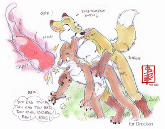 anal animal_genitalia animal_penis anthro balls big_top_small_bottom bite bodily_fluids canine_genitalia canine_penis cum cum_in_ass cum_inside dialogue dirty_talk doggystyle duo forced forced_knotting from_behind_position genital_fluids genitals humping internal knotting male male/male mating_bite mounting penis rape rough_sex sex sheath size_difference size_play speech_bubble surprise_buttsex surprise_sex surprised text fennec_(artist) drockan canid canine fox lagomorph leporid mammal rabbit english_text