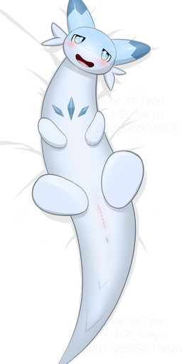 animal_genitalia anus bedding bedding_background blue_body blue_eyes blue_markings blush cheek_tuft dakimakura dipstick_ears ear_markings facial_tuft female feral genital_slit genitals ineffective_censorship long_body lying markings multicolored_ears narrowed_eyes on_back open_mouth paws presenting presenting_vulva solo tail tail_anus tail_tuft tailbutt tuft vulva imtyou palworld pocketpair chillet mammal mustelid pal_(species) 2024 censored dakimakura_design digital_media_(artwork) hi_res watermark