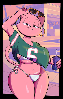anthro bikini biped breasts clothed clothing eyelashes eyewear female green_clothing pink_body pupils side-tie_bikini smile solo string_bikini sunglasses swimwear tail thick_thighs two-piece_swimsuit white_clothing wide_hips someth1ngoranother domestic_cat felid feline felis mammal absurd_res hi_res