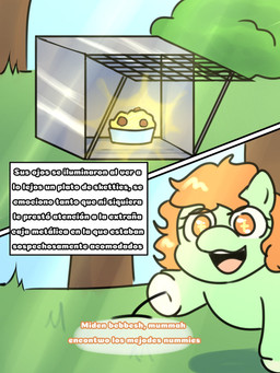 ambiguous_gender baby_talk bowl container dialogue feral food food_bowl green_body hair open_mouth orange_eyes orange_hair outside pasta pet_bowl plant quadruped smile spaghetti text trap_(contrivance) young giggle_fluffy's fluffy_pony fluffy_pony_(species) mammal 3:4 comic digital_media_(artwork) hi_res spanish_description spanish_text translated translated_description