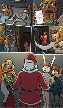 anthro big_breasts biped black_hair black_nose blonde_hair blue_eyes bodily_fluids breasts cellphone cheek_tuft christmas_clothing christmas_decorations clothed clothing costume electronics eyes_closed eyewear facial_tuft female footwear fur furniture glasses grin group hair holding_bag holding_cellphone holding_object holding_phone holidays inside long_hair male medium_breasts on_sofa open_mouth open_smile orange_hair phone ponytail red_body red_fur santa_costume scut_tail short_tail sitting sitting_on_sofa smile socks sofa starry_eyes sweater tail tan_body tan_fur tears teeth text tongue topwear tuft wearing_glasses white_clothing white_footwear white_socks redout christmas nickelodeon t.u.f.f._puppy annie_hill counting_cougar josh_kass mallory_renard canid canine cougar domestic_cat felid feline felis fox human lagomorph leporid mammal rabbit 2025 absurd_res comic english_text hi_res