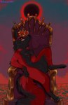 ambiguous_gender anthro black_body black_fur blood_moon chair crown demon_king eclipse evil_face evil_grin evil_look fur furniture headgear king lava on_chair paws red_body red_fur royalty sitting sitting_on_chair smile solo throne yellow_eyes hakkerman n00dle berserk_(series) dark_souls fromsoftware danger_n00dle canid canine demon hybrid mammal absurd_res hi_res