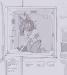 anthro arms_tied behind_glass bodily_fluids bound bulge clipboard clothed clothing computer crossed_arms crying dialogue electronics fur hair legs_tied long_hair male open_mouth pantsless pawpads restraints solo straitjacket tears text young young_anthro circa canid canine canis domestic_dog mammal digital_drawing_(artwork) digital_media_(artwork) english_text hi_res monochrome