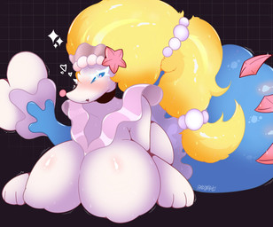 big_breasts blonde_hair blue_body bodily_fluids breasts busty_feral featureless_breasts female feral glistening glistening_body hair huge_breasts long_hair looking_at_viewer pink_nose simple_background solo sparkles starfish_(accessory) sweat white_body salchikokokoko nintendo pokemon asterozoan echinoderm generation_7_pokemon mammal marine pinniped pokemon_(species) primarina seal shiny_pokemon starfish hi_res