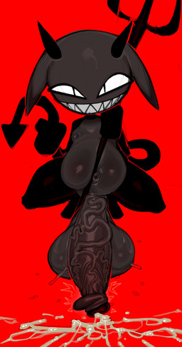 2_horns balls big_penis black_horn bodily_fluids crouching cum foreskin genital_fluids genitals glans holding_object holding_pitchfork holding_tail holding_tool horn huge_penis humanoid_genitalia humanoid_penis hyper hyper_genitalia hyper_penis male nude penis pitchfork red_background sharp_teeth simple_background smile solo spade_tail tail teeth tools vein veiny_penis goatboydraws mewgenics hot_poker_(mewgenics) demon humanoid 2026 absurd_res guide_lines hi_res
