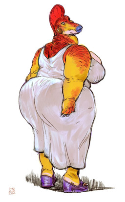 anthro beak belly big_belly big_breasts big_butt blue_beak breasts butt clothed clothing dress ear_piercing ear_ring embarrassed eyelashes female hand_on_butt head_crest huge_belly huge_breasts huge_butt huge_hips huge_thighs low_cut_dress markings mature_anthro mature_female nails non-mammal_breasts orange_markings overweight overweight_anthro overweight_female piercing platform_footwear ring_piercing scales side_boob solo standing thick_thighs wedgie white_clothing white_dress wide_hips yellow_body yellow_scales dyna_soar goldie_(brachiosass) dinosaur prehistoric_species reptile scalie 2026 digital_drawing_(artwork) digital_media_(artwork) hi_res signature