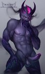 abs balls biceps big_balls big_muscles big_penis covering covering_mouth covering_own_mouth covering_self crossgender erection genitals heterochromia horn male muscular muscular_male nude obliques pecs penis pink_eyes pose purple_body purple_penis purple_skin saggy_balls solo thick_penis thick_thighs yellow_eyes mintwo league_of_legends riot_games tencent evelynn_(lol) demon humanoid hi_res pinup