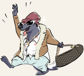 ambiguous_gender anthro barefoot beanie biped brown_background chest_tuft claws clothed clothing cross cross_necklace duffel_bag eyewear feet fur_trim_(clothing) handbag hat headgear headwear holding_object jacket jewelry necklace open_clothing open_jacket open_mouth open_smile open_topwear sharp_teeth simple_background smile solo sparkles sunglasses teeth toe_claws topwear tuft walking nobby_(artist) disney zootopia honey_badger_(zootopia) badger honey_badger mammal mustelid musteline 2018