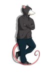 anthro blue_eyes bottomwear claws clothed clothing crossed_arms denim denim_bottomwear denim_clothing footwear fur grey_body grey_fur hoodie jeans male pants shoes simple_background solo topwear dante_mutt_(artist) cringer_opossum_(character) american_opossum humanoid mammal marsupial